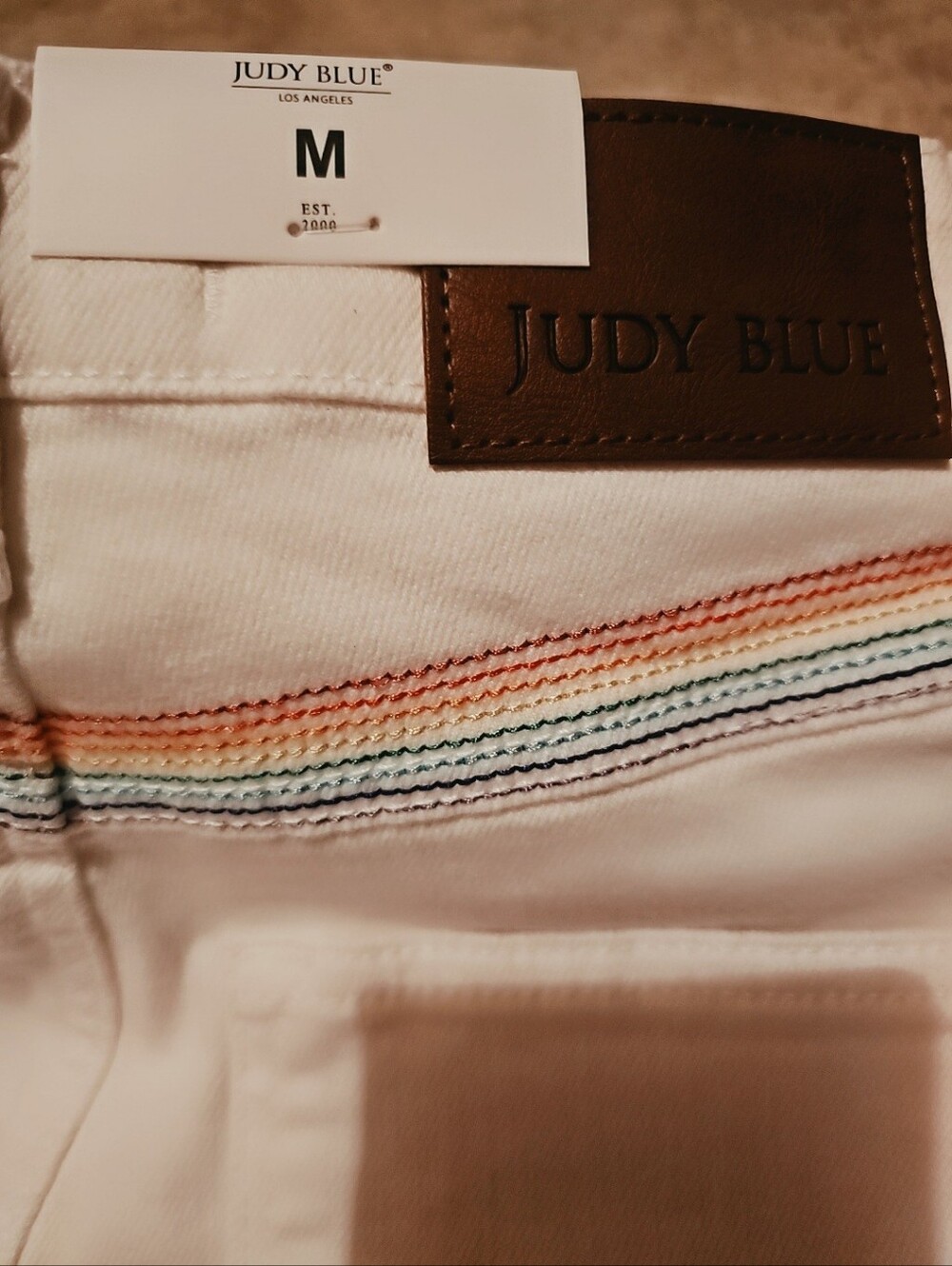 Judy Blue White High-Rise Jean Shorts with Rainbow Stitching Accent! NWT!